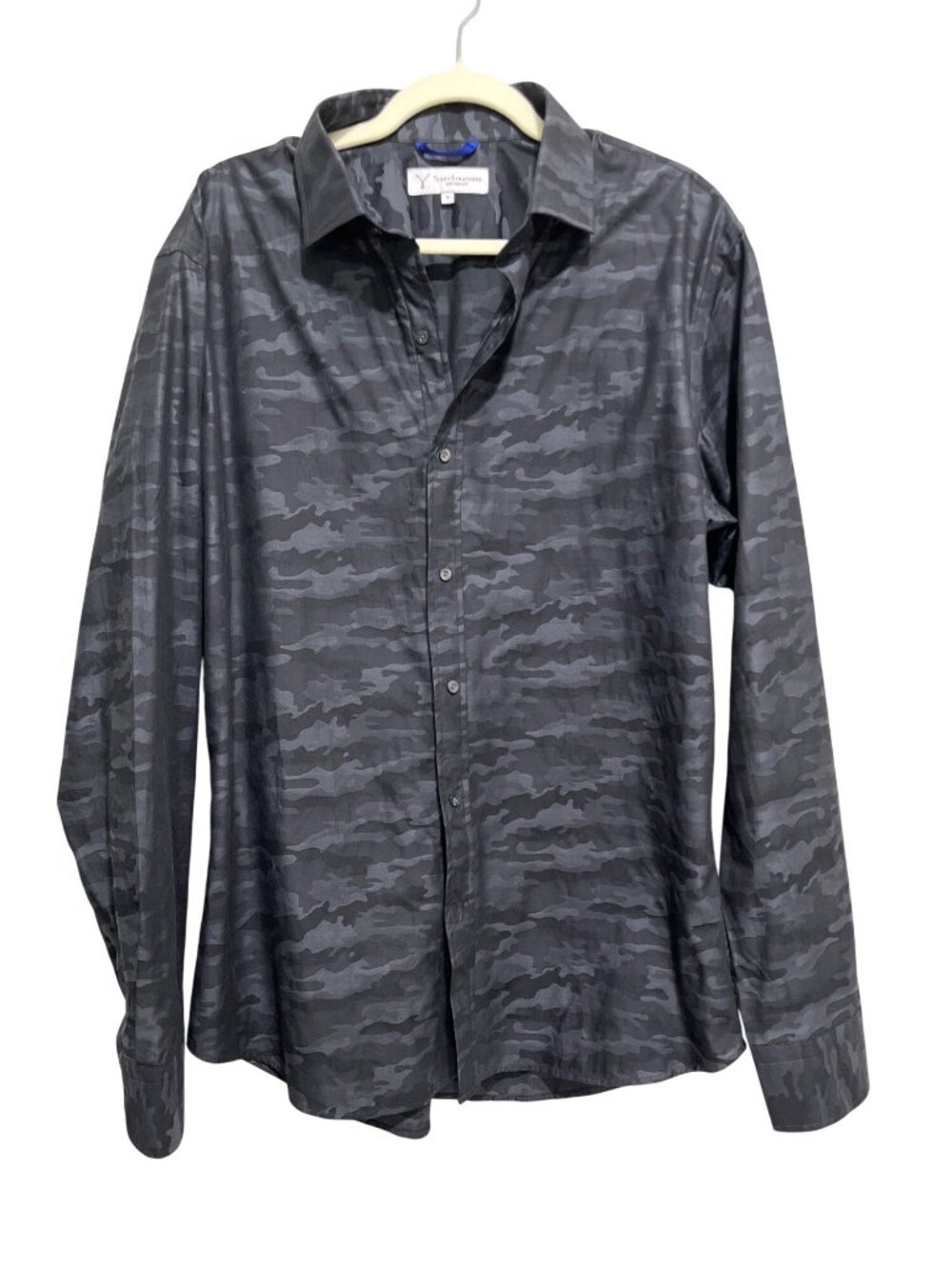 Teddy Stratford Mens XL Slim Fit Shirt Camo Button-Up with Hidden-Zipper Gray
